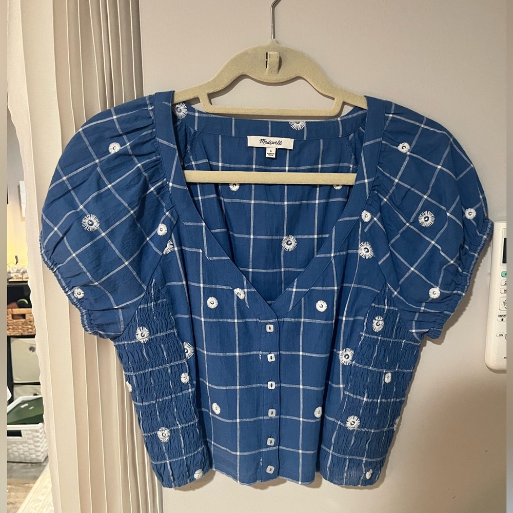 Madewell Blue Windowpane Floral Button-Front Blouse
